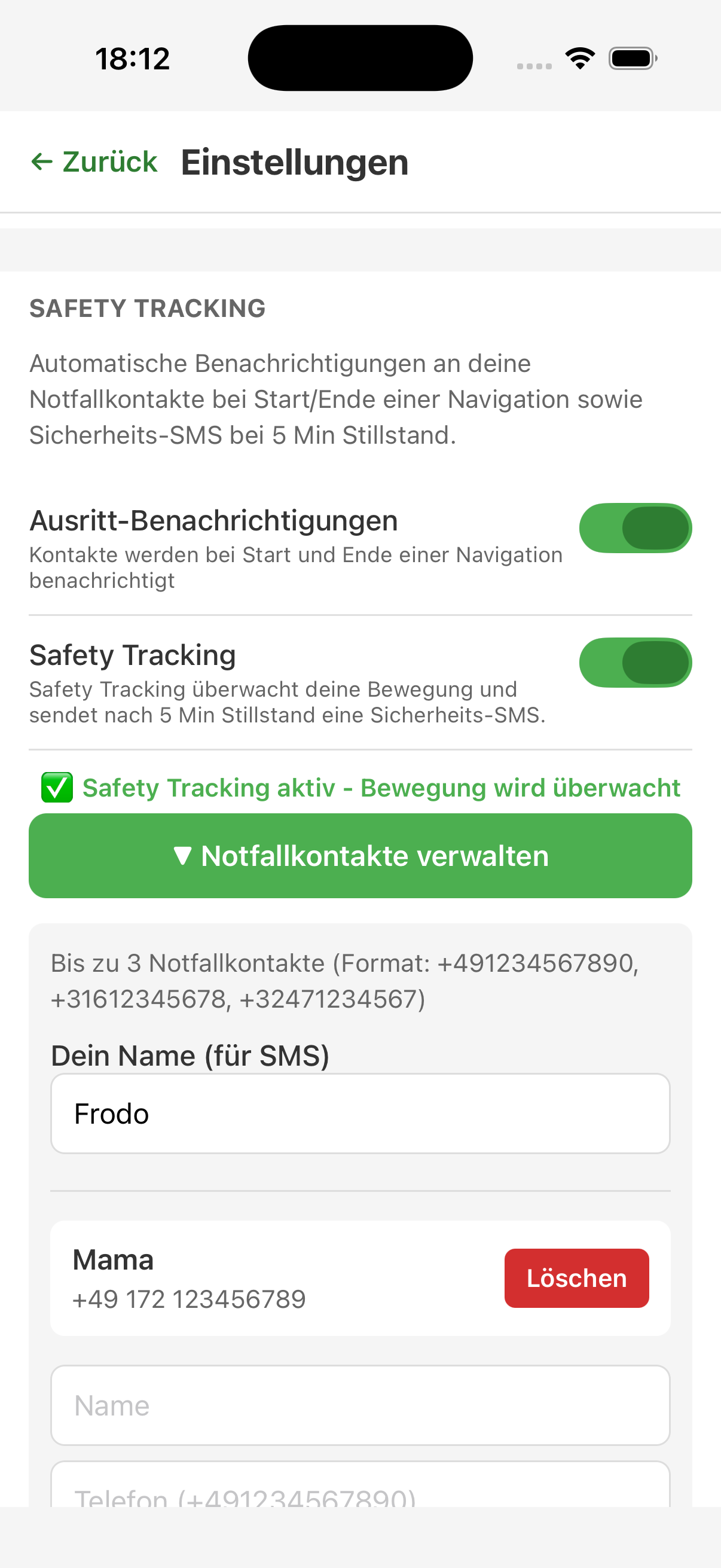 Reitnavi Sicherheits-Einstellungen Screenshot
